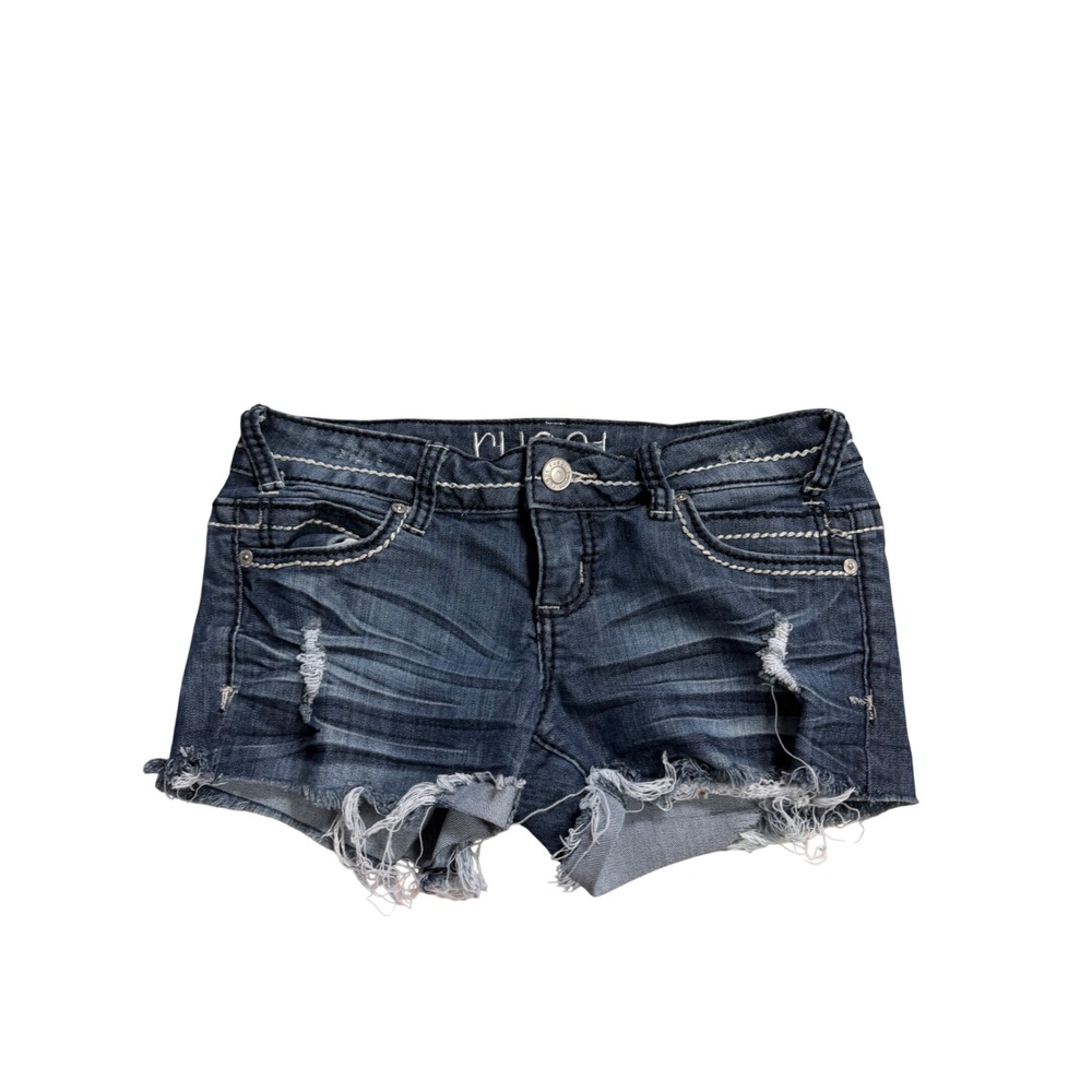 Rue21 Low Rise Distressed Denim Shorts Dark Wash Frayed Cutoff Y2K Size 1/2